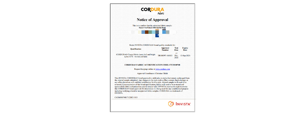 CORDURA officially issued by INVISTA &reg;  Display of Fabric Approval Certificate 