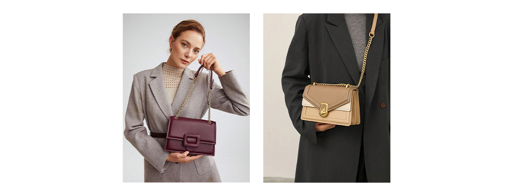 Display of handbag with long shoulder strap handle
