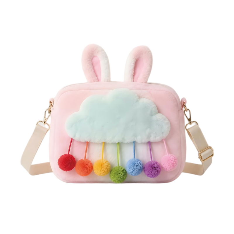 fluffy bunny ear cloud rainbow pom pom crossbody bag