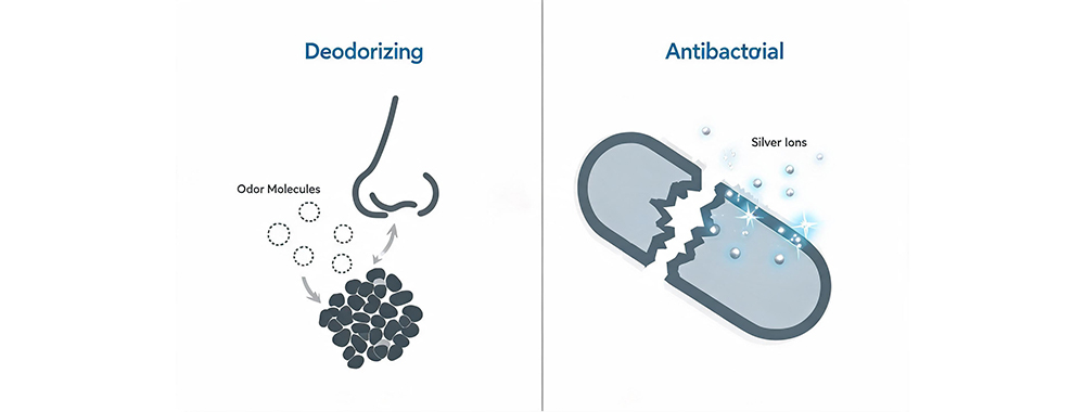 Infographic comparing deodorizing fabric, which traps odor molecules, with antibacterial fabric, where silver ions damage bacterial cell walls
