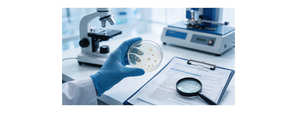 Scientist testing antimicrobial fabric in a lab, holding a petri dish with bacterial cultures next to a microscope and test report